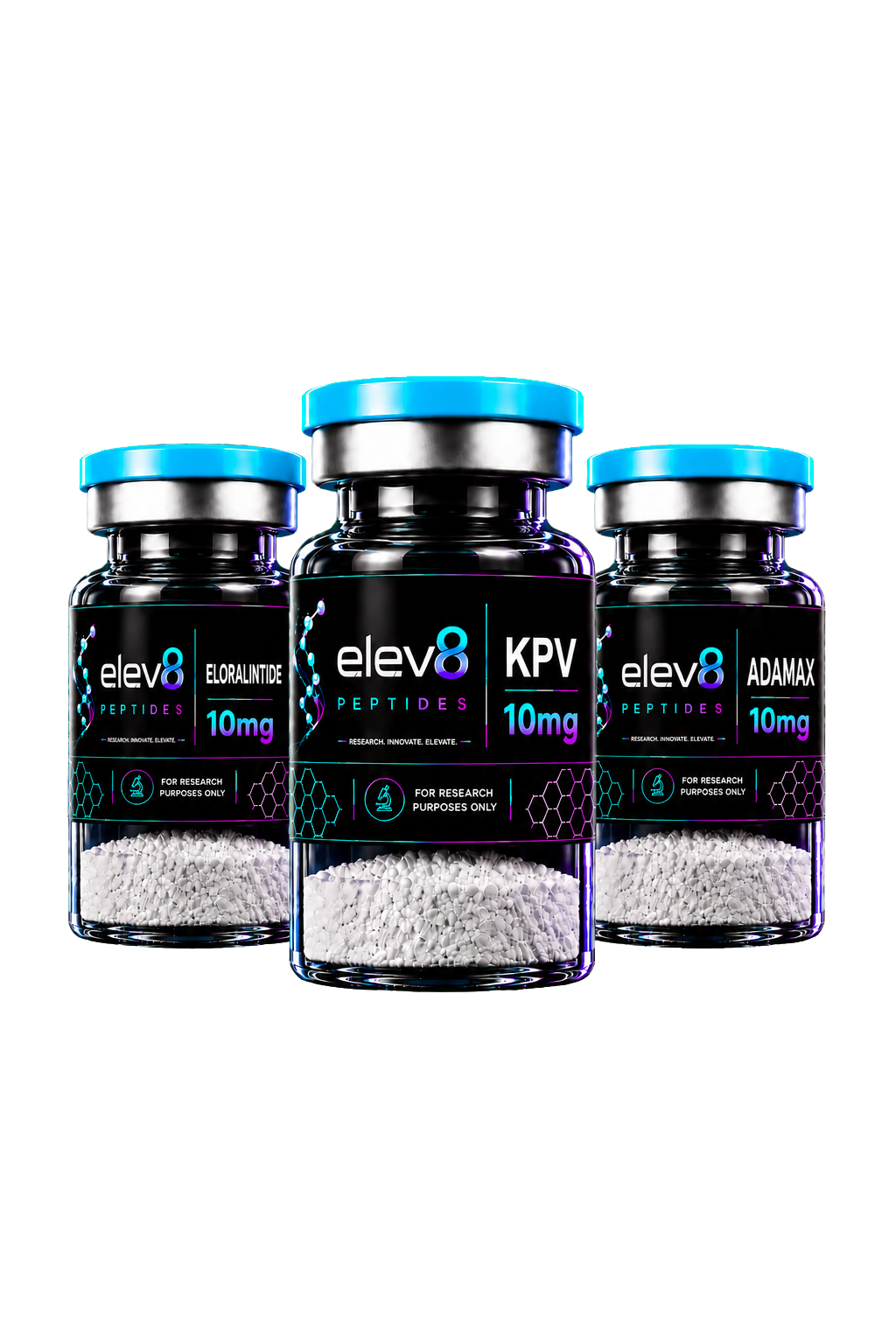 Elev8 Peptides KPV, Eloralintide, and Adamax research vials